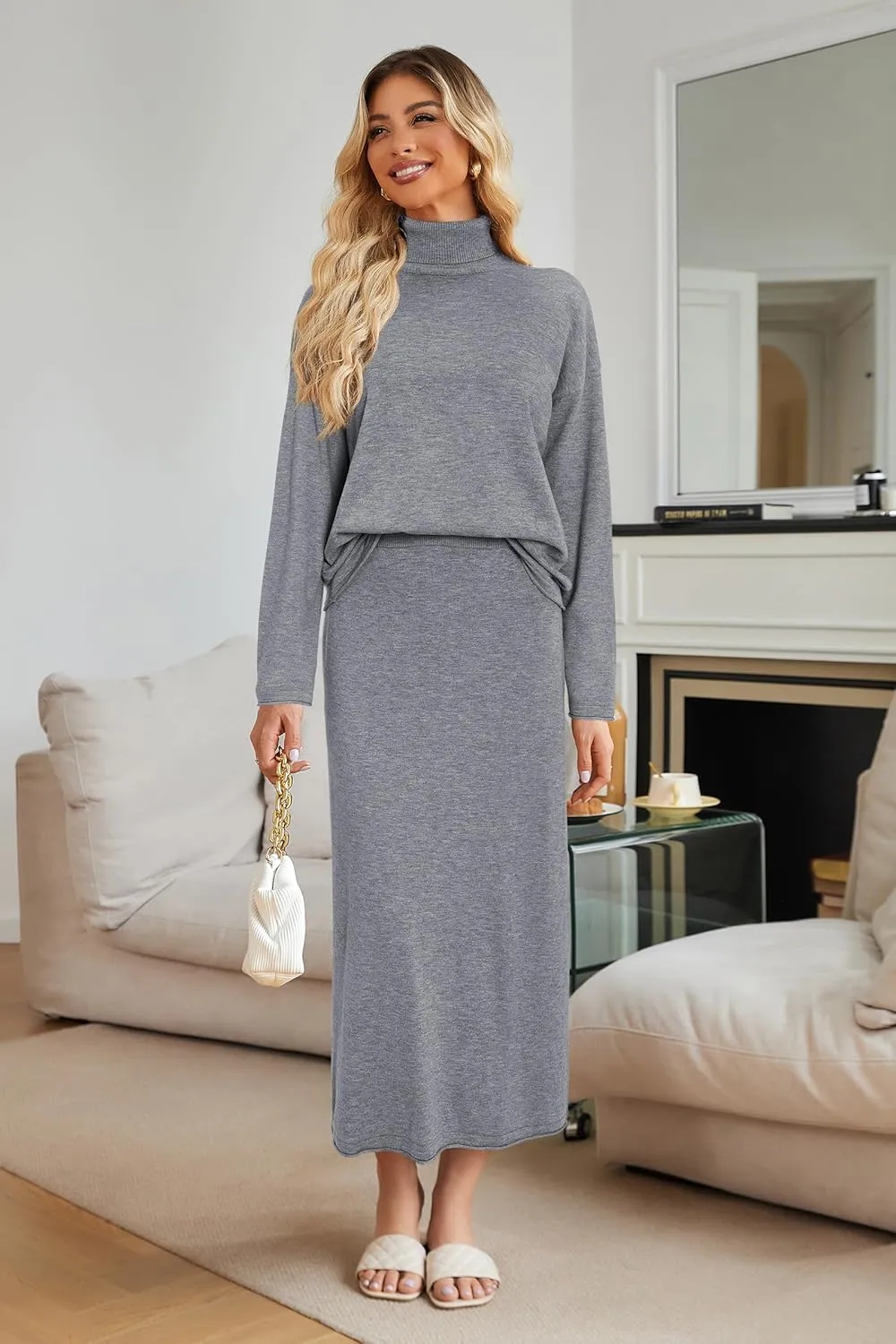 Arach&Cloz Womens 2 Piece Sweaters Sets Turtleneck Long Sleeve Tops Long Maxi Skirt Casual Fall Fashion 2024 Outfits