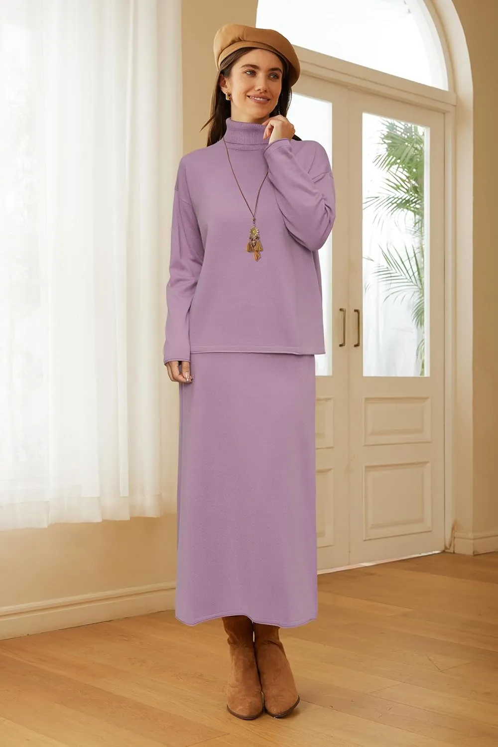 Arach&Cloz Womens 2 Piece Sweaters Sets Turtleneck Long Sleeve Tops Long Maxi Skirt Casual Fall Fashion 2024 Outfits