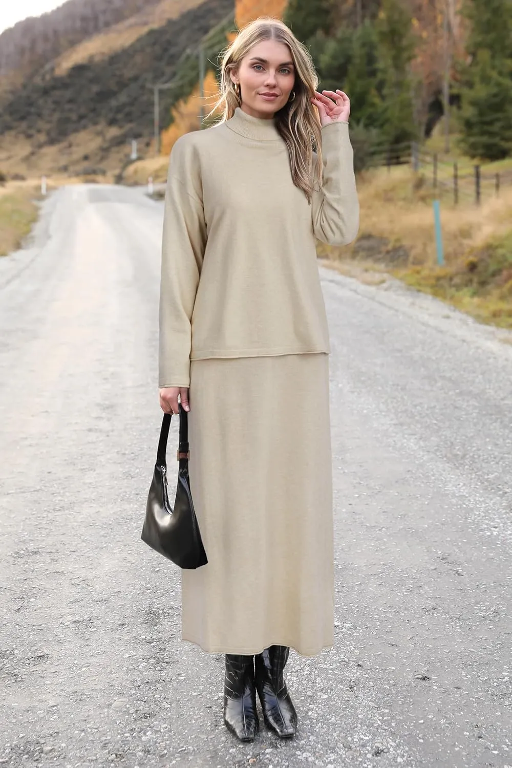 Arach&Cloz Womens 2 Piece Sweaters Sets Turtleneck Long Sleeve Tops Long Maxi Skirt Casual Fall Fashion 2024 Outfits