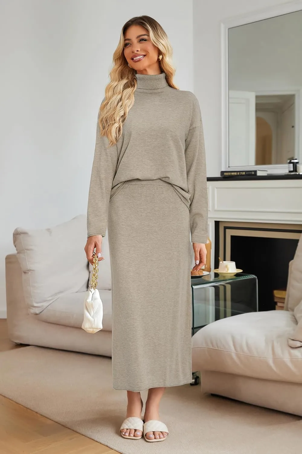 Arach&Cloz Womens 2 Piece Sweaters Sets Turtleneck Long Sleeve Tops Long Maxi Skirt Casual Fall Fashion 2024 Outfits