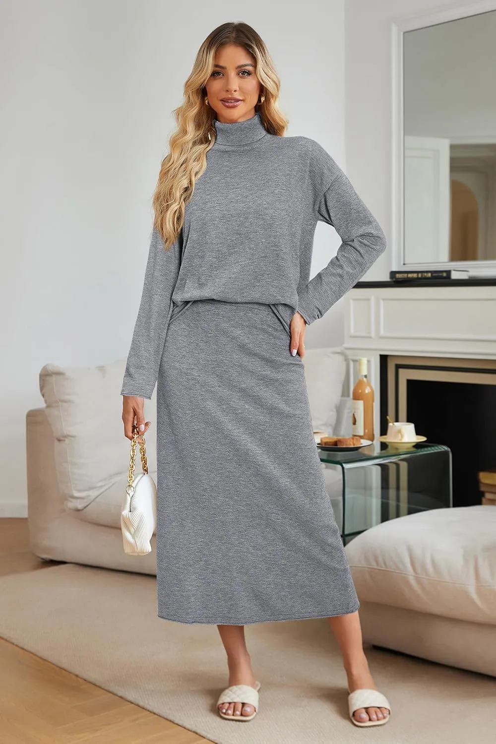 Arach&Cloz Womens 2 Piece Sweaters Sets Turtleneck Long Sleeve Tops Long Maxi Skirt Casual Fall Fashion 2024 Outfits