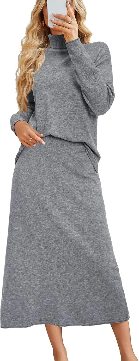 Arach&Cloz Womens 2 Piece Sweaters Sets Turtleneck Long Sleeve Tops Long Maxi Skirt Casual Fall Fashion 2024 Outfits