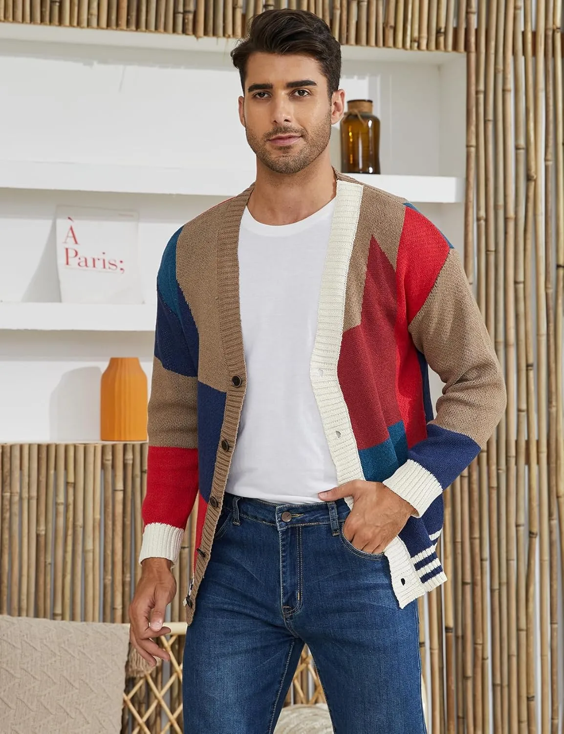 Arssm Mens Cardigan Sweater Knitted Long Sleeve V Neck Button Down Sweaters Casual Cardigans