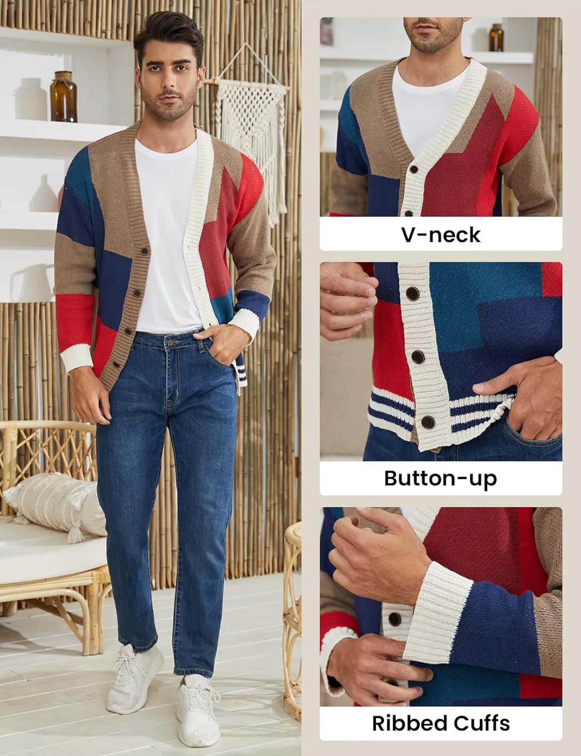Arssm Mens Cardigan Sweater Knitted Long Sleeve V Neck Button Down Sweaters Casual Cardigans