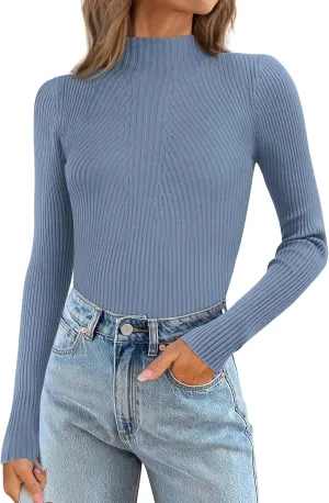 ATHMILE Women's 2025 Fall Long Sleeve Pullover Ribbed Knit Sweater Low Mock Neck Slim Fit Basic Casual Tee Tops