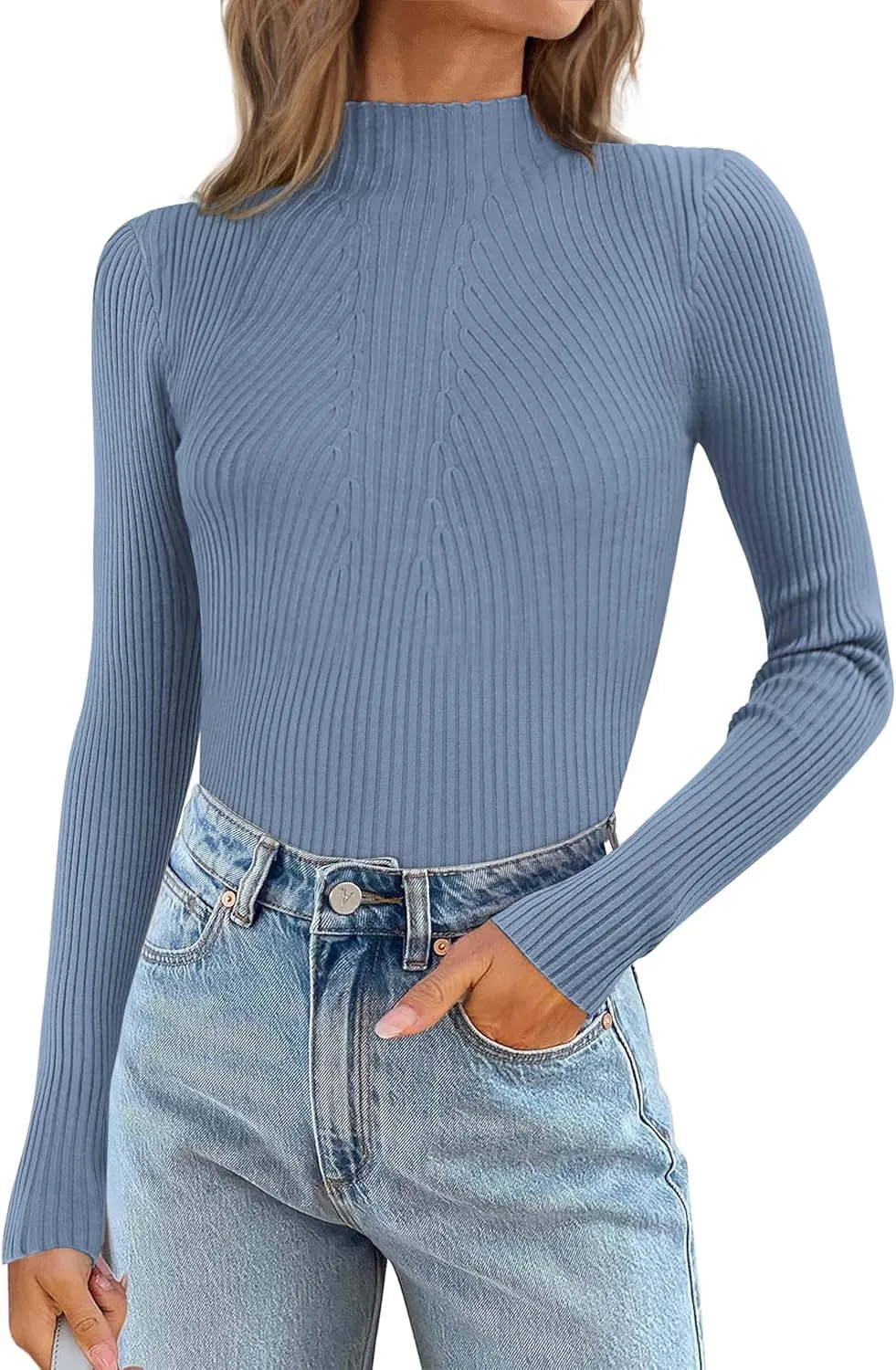 ATHMILE Women's 2025 Fall Long Sleeve Pullover Ribbed Knit Sweater Low Mock Neck Slim Fit Basic Casual Tee Tops