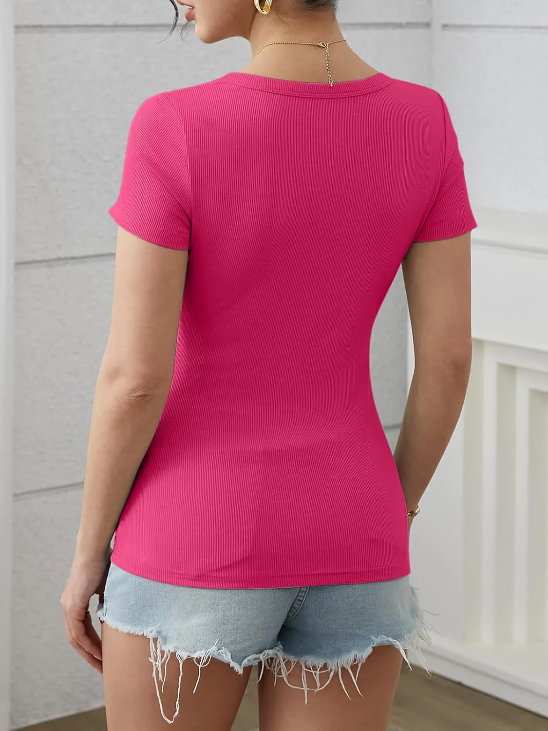 ATHMILE Womens Tops Ribbed Scoop Neck Knit Slim Fitted Casual Basic Tee Shirts for Women Fashion Trendy 2025