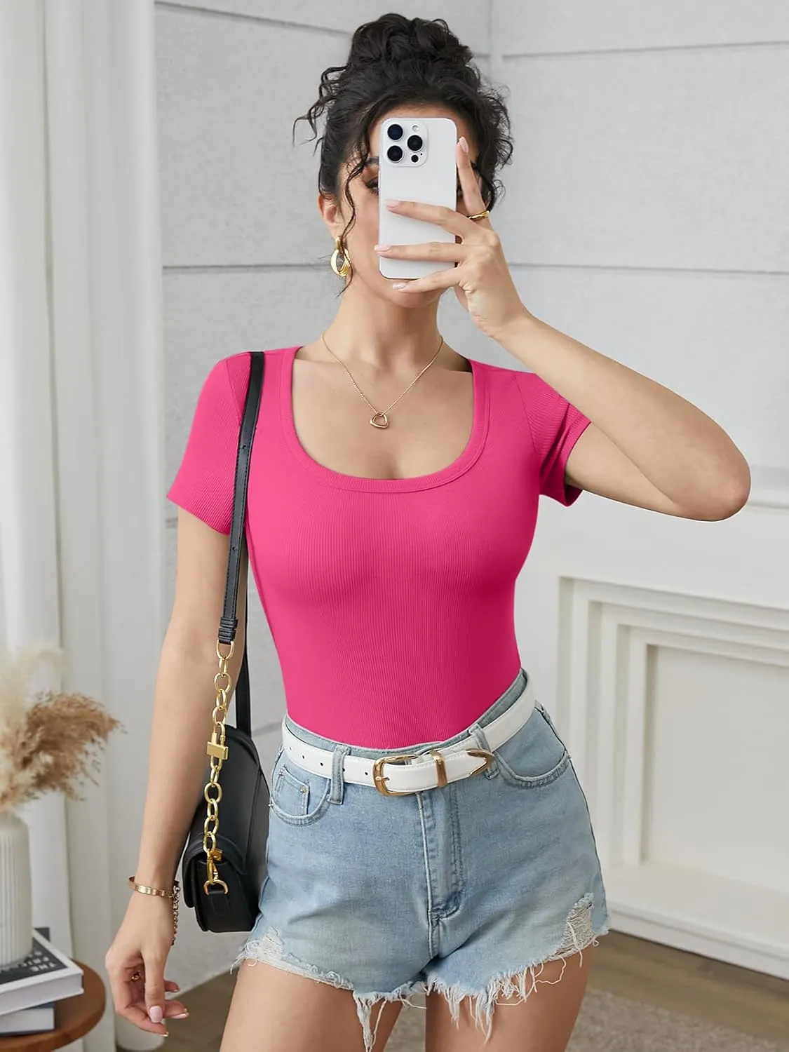 ATHMILE Womens Tops Ribbed Scoop Neck Knit Slim Fitted Casual Basic Tee Shirts for Women Fashion Trendy 2025