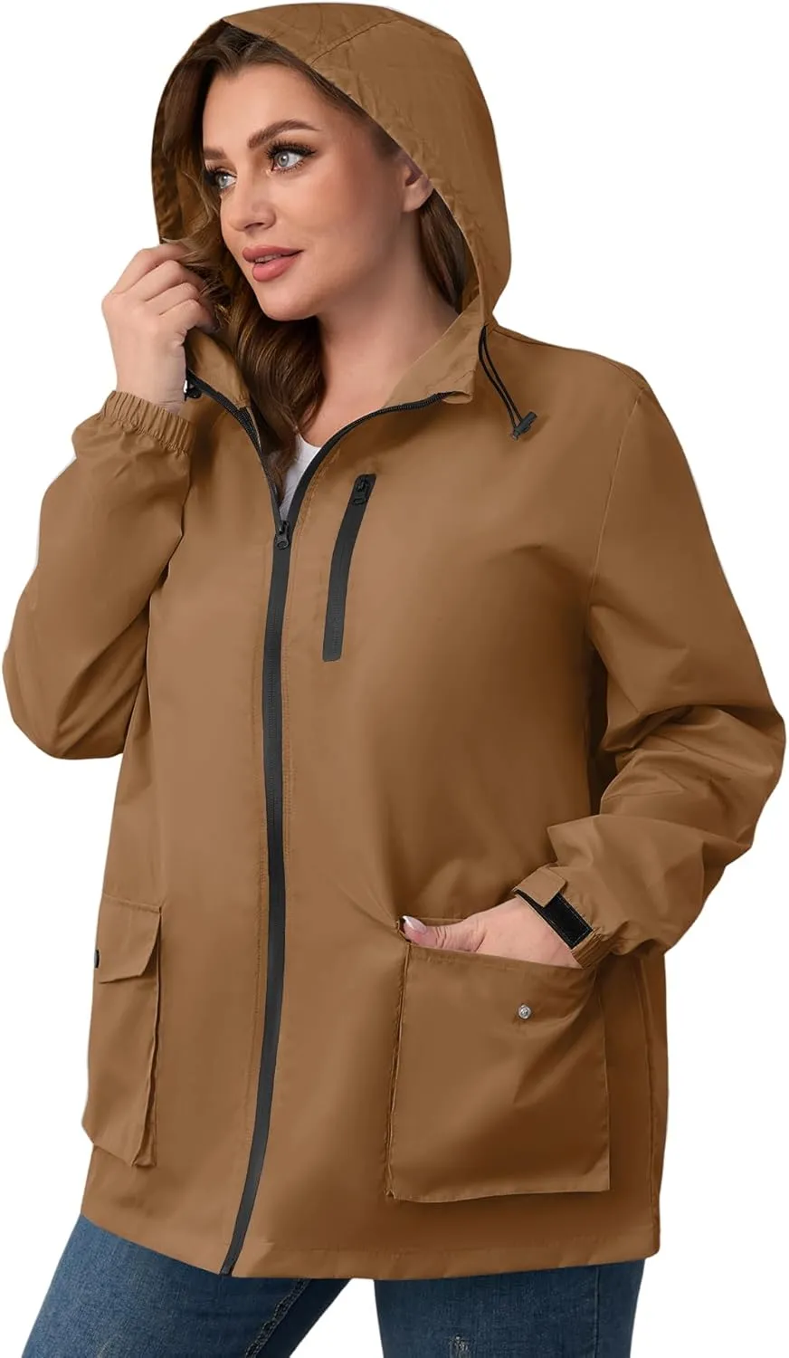 Avoogue Plus Size Womens Rain Jacket with Hood,Packable,Lightweight,Windbreaker,Waterproof Thin Jackets,Hiking,Travel