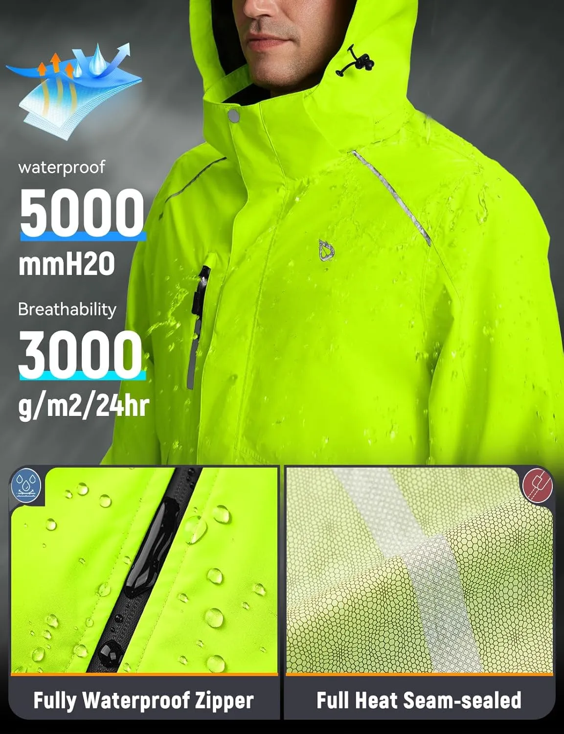 baleaf Men's Rain Jacket 3 In 1 Winter Ski Waterproof Windbreaker Hooded Reflective Packable with Polar Fleece Jacket