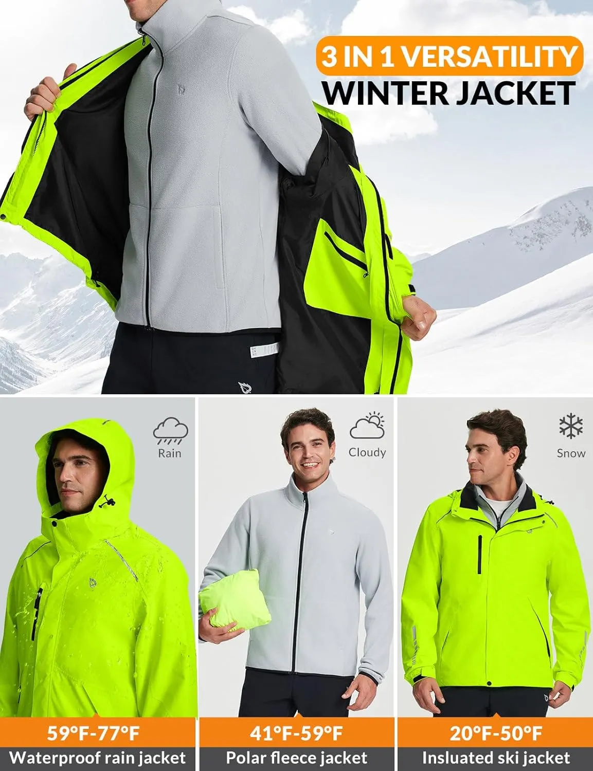 baleaf Men's Rain Jacket 3 In 1 Winter Ski Waterproof Windbreaker Hooded Reflective Packable with Polar Fleece Jacket