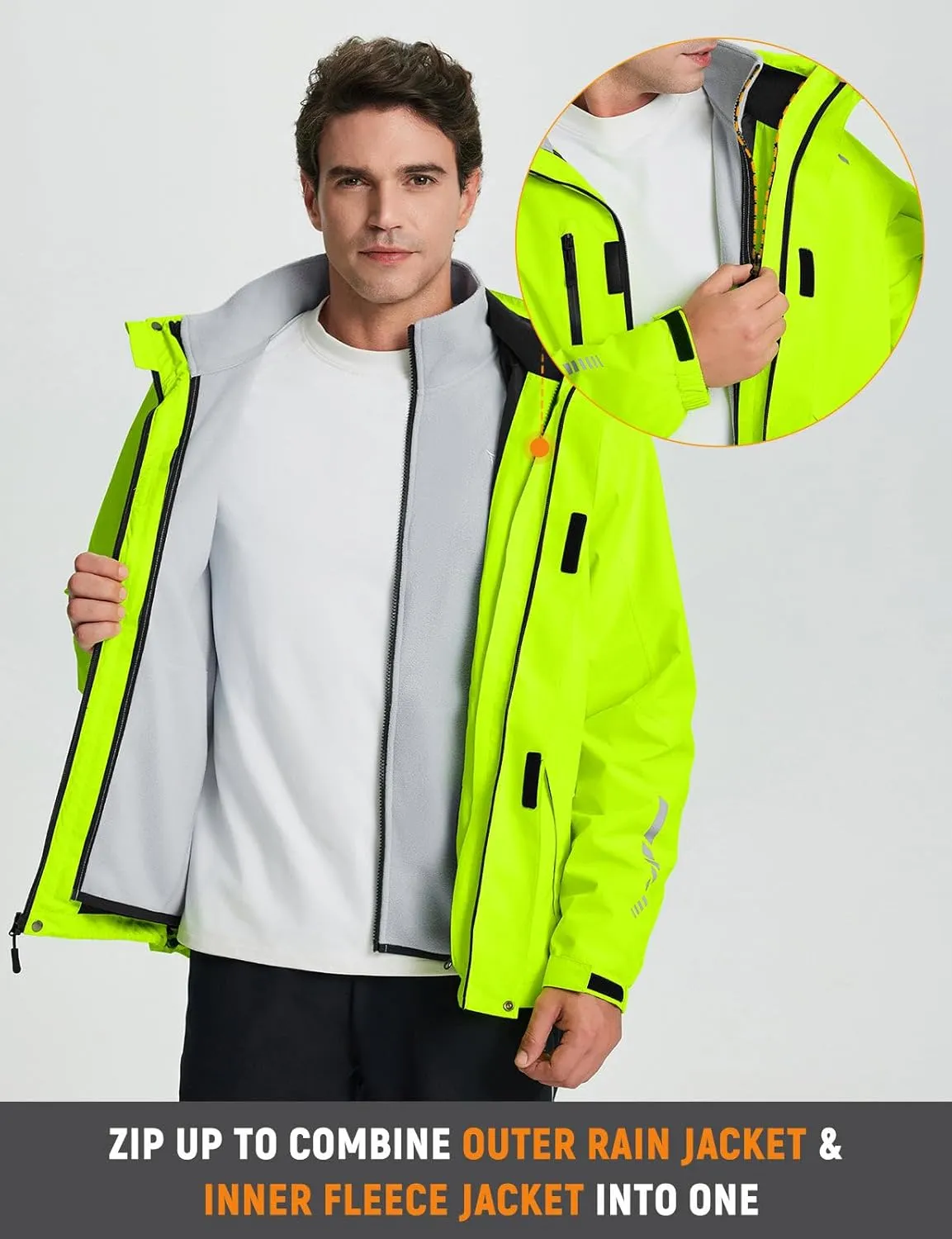baleaf Men's Rain Jacket 3 In 1 Winter Ski Waterproof Windbreaker Hooded Reflective Packable with Polar Fleece Jacket
