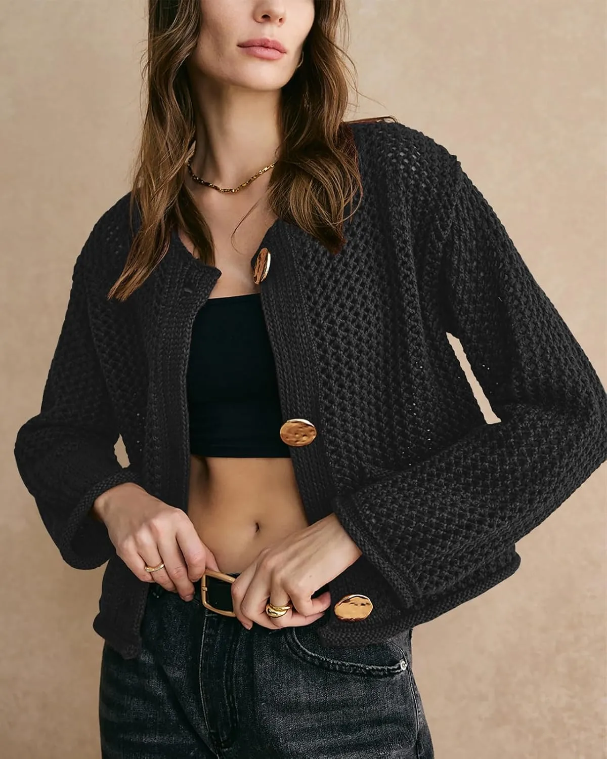 Balimtoy Womens Chunky Cropped Cardigan Long Sleeve Open Front Button Down Loose Cardigan Fall Outerwear with Pockets