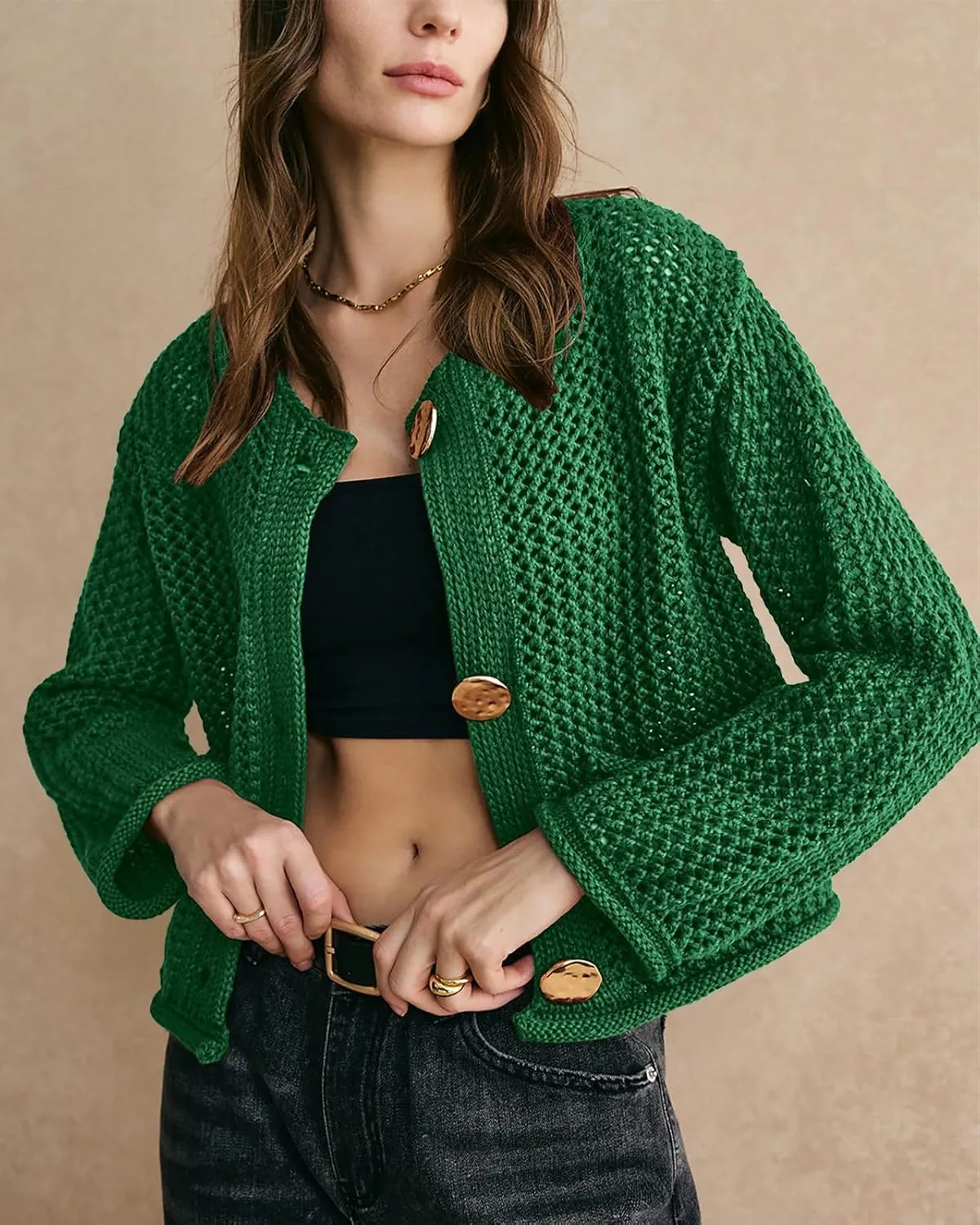 Balimtoy Womens Chunky Cropped Cardigan Long Sleeve Open Front Button Down Loose Cardigan Fall Outerwear with Pockets