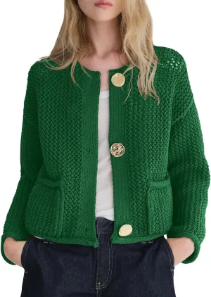 Balimtoy Womens Chunky Cropped Cardigan Long Sleeve Open Front Button Down Loose Cardigan Fall Outerwear with Pockets