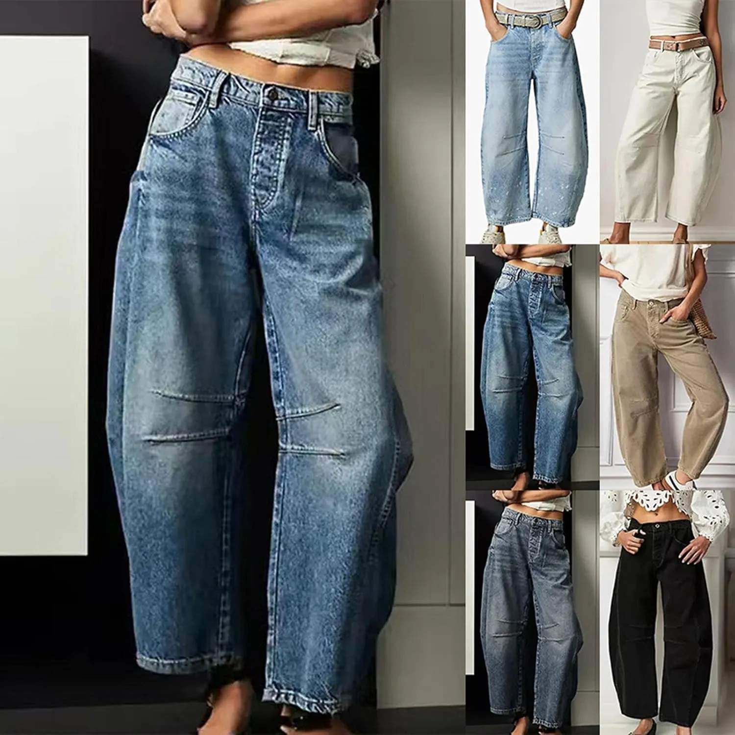 Barrel Jeans Women Petite Length Ankle Wide Leg Pants Y2K Baggy Casual Vintage Boyfriend Mid Rise Harem Denim Pants