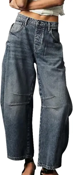 Barrel Jeans Women Petite Length Ankle Wide Leg Pants Y2K Baggy Casual Vintage Boyfriend Mid Rise Harem Denim Pants