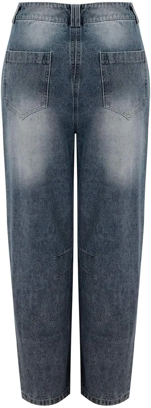 Barrel Jeans Women Petite Length Ankle Wide Leg Pants Y2K Baggy Casual Vintage Boyfriend Mid Rise Harem Denim Pants