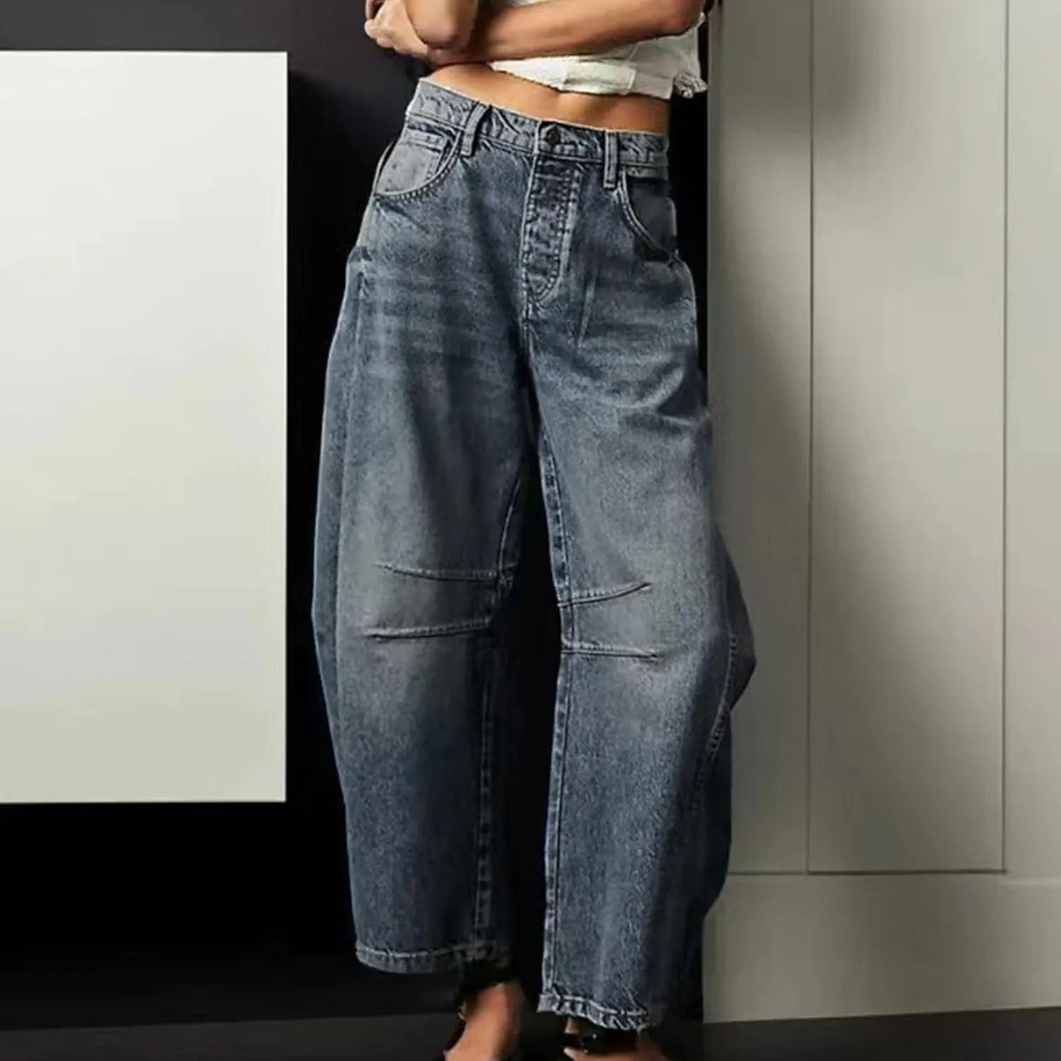 Barrel Jeans Women Petite Length Ankle Wide Leg Pants Y2K Baggy Casual Vintage Boyfriend Mid Rise Harem Denim Pants