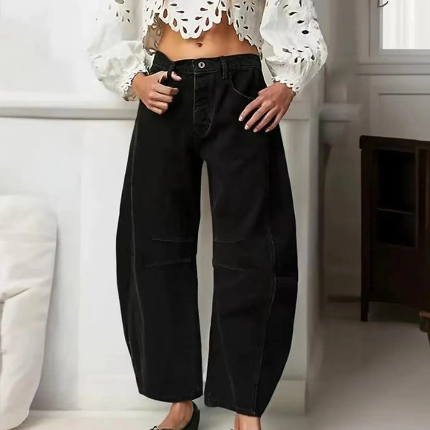 Barrel Jeans Women Petite Length Ankle Wide Leg Pants Y2K Baggy Casual Vintage Boyfriend Mid Rise Harem Denim Pants