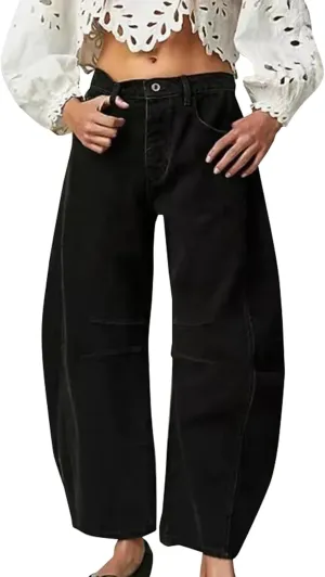 Barrel Jeans Women Petite Length Ankle Wide Leg Pants Y2K Baggy Casual Vintage Boyfriend Mid Rise Harem Denim Pants