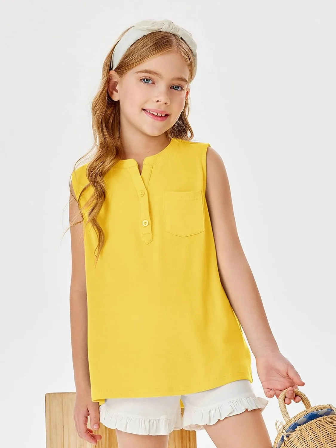 Batermoon Girls Tank Top Summer Cute Sleeveless T Shirt for Teen Henley Ribbed Button Casual Tee Blouse