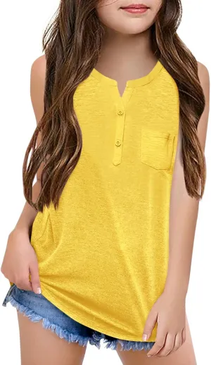 Batermoon Girls Tank Top Summer Cute Sleeveless T Shirt for Teen Henley Ribbed Button Casual Tee Blouse