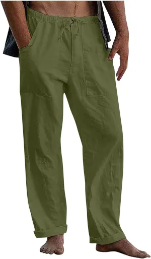 Beach Linen Pants for Men Drawstring Plus Size Linen Pants Lightweight Elastic WAIS Yoga Pants with Pockets Lounge Pants