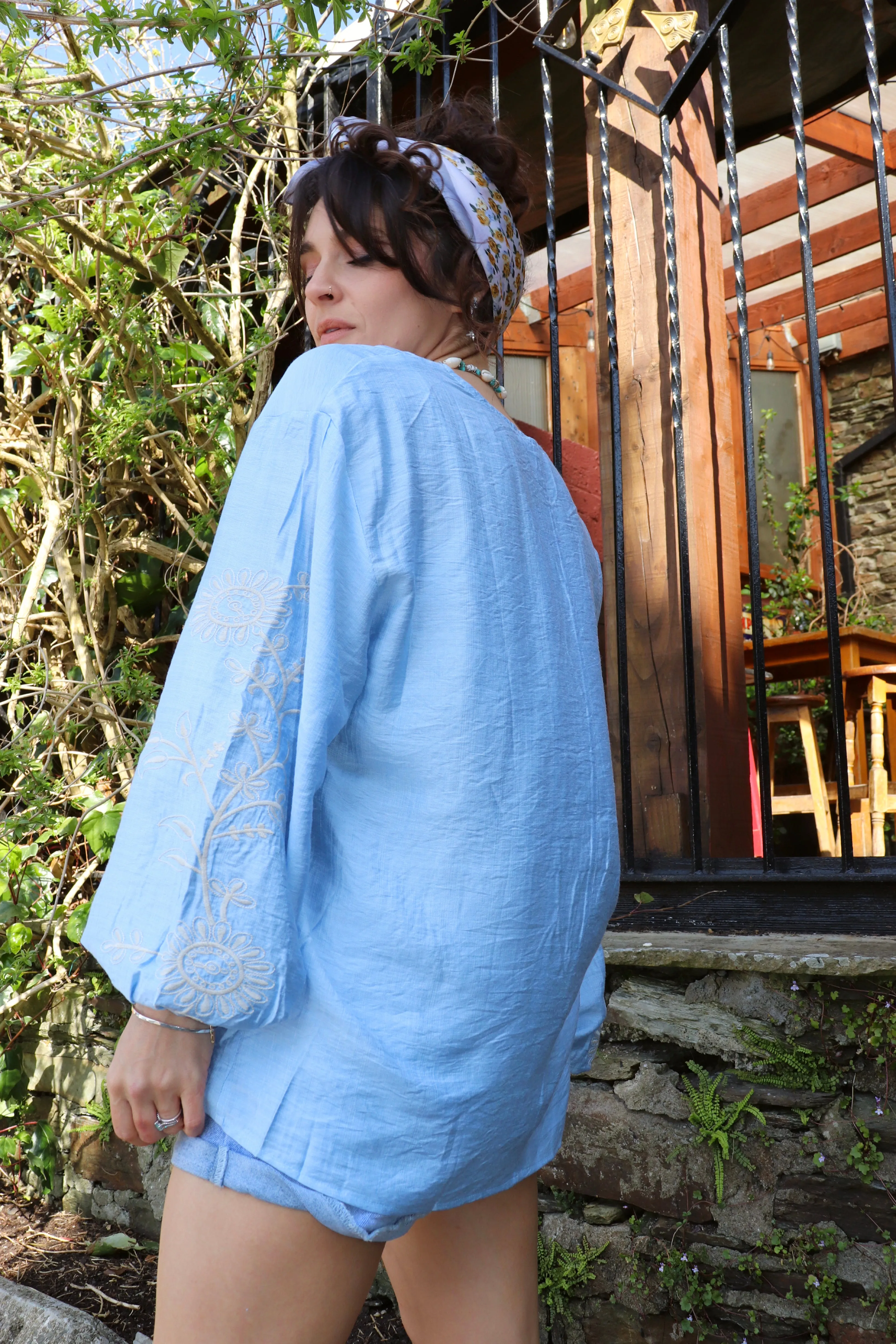 Blue floral embroidered blouse