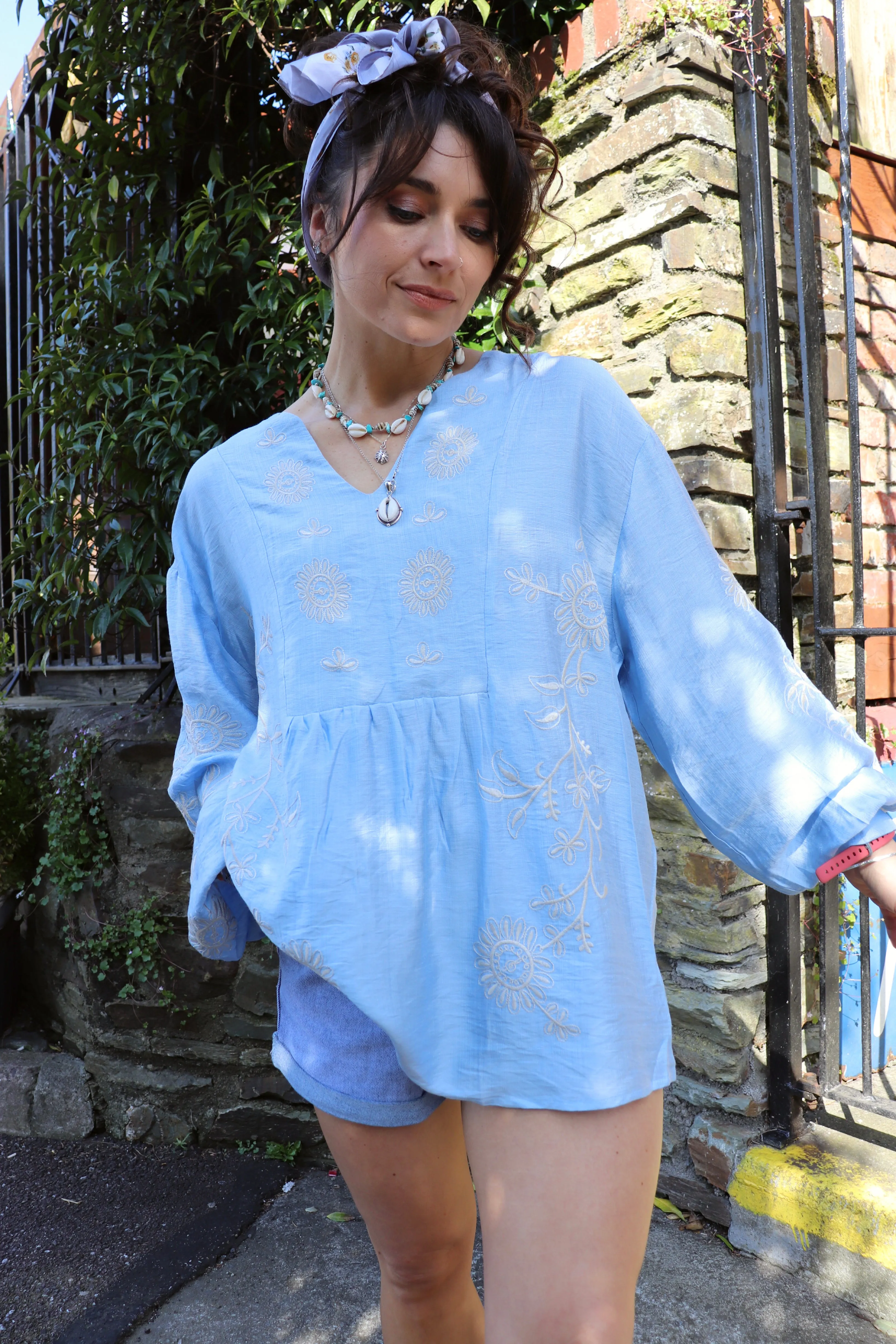 Blue floral embroidered blouse