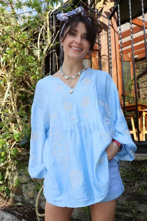 Blue floral embroidered blouse