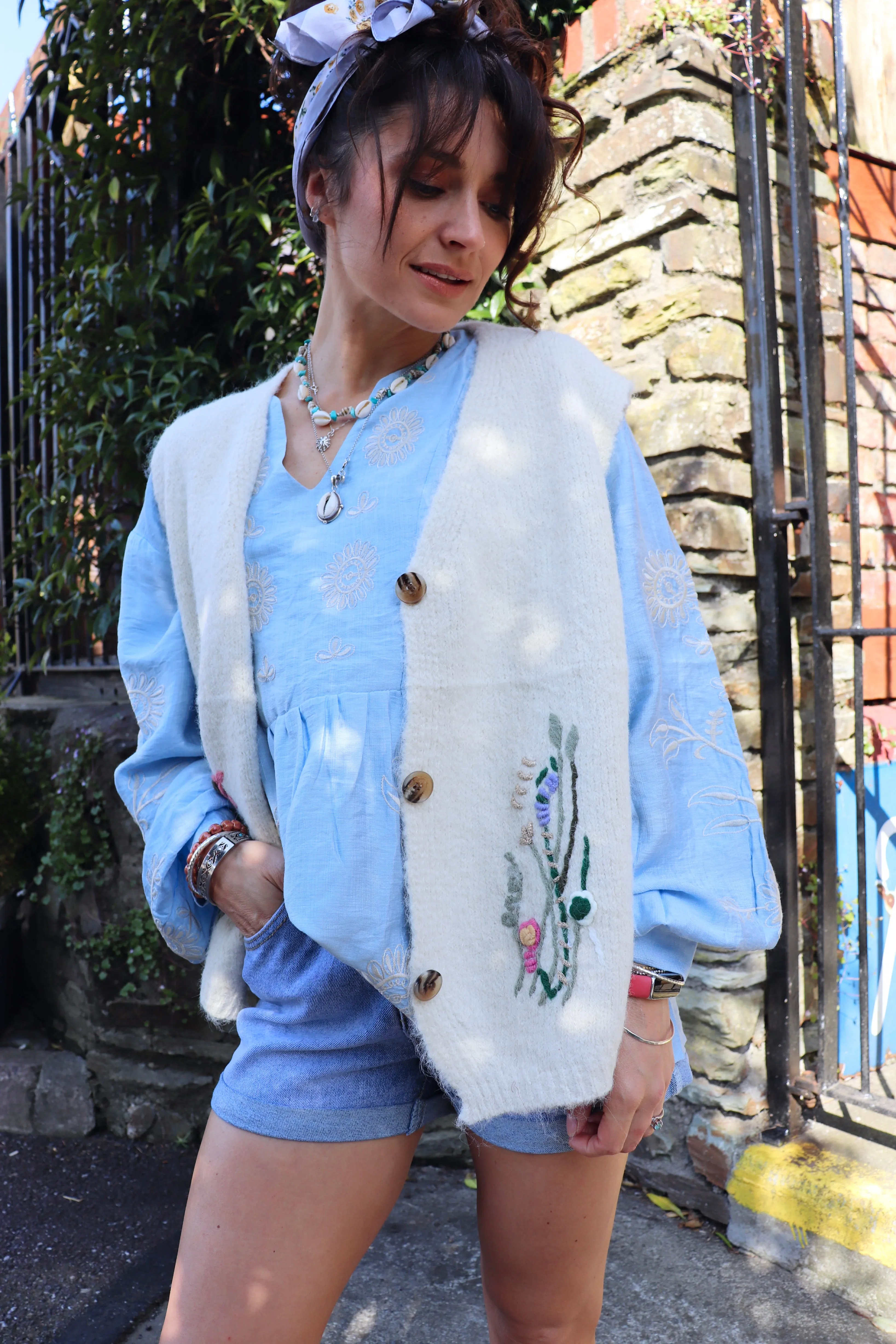 Blue floral embroidered blouse