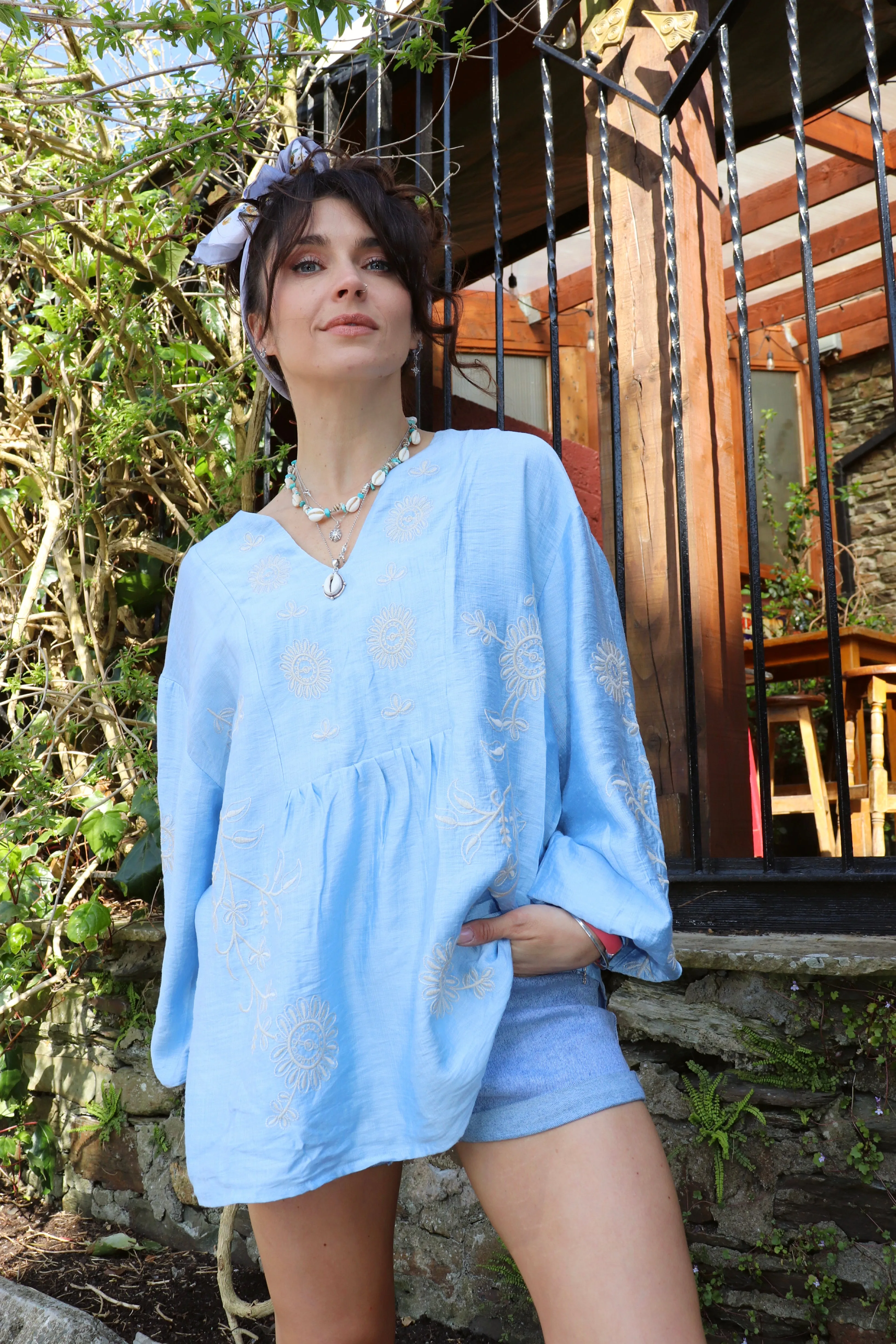 Blue floral embroidered blouse