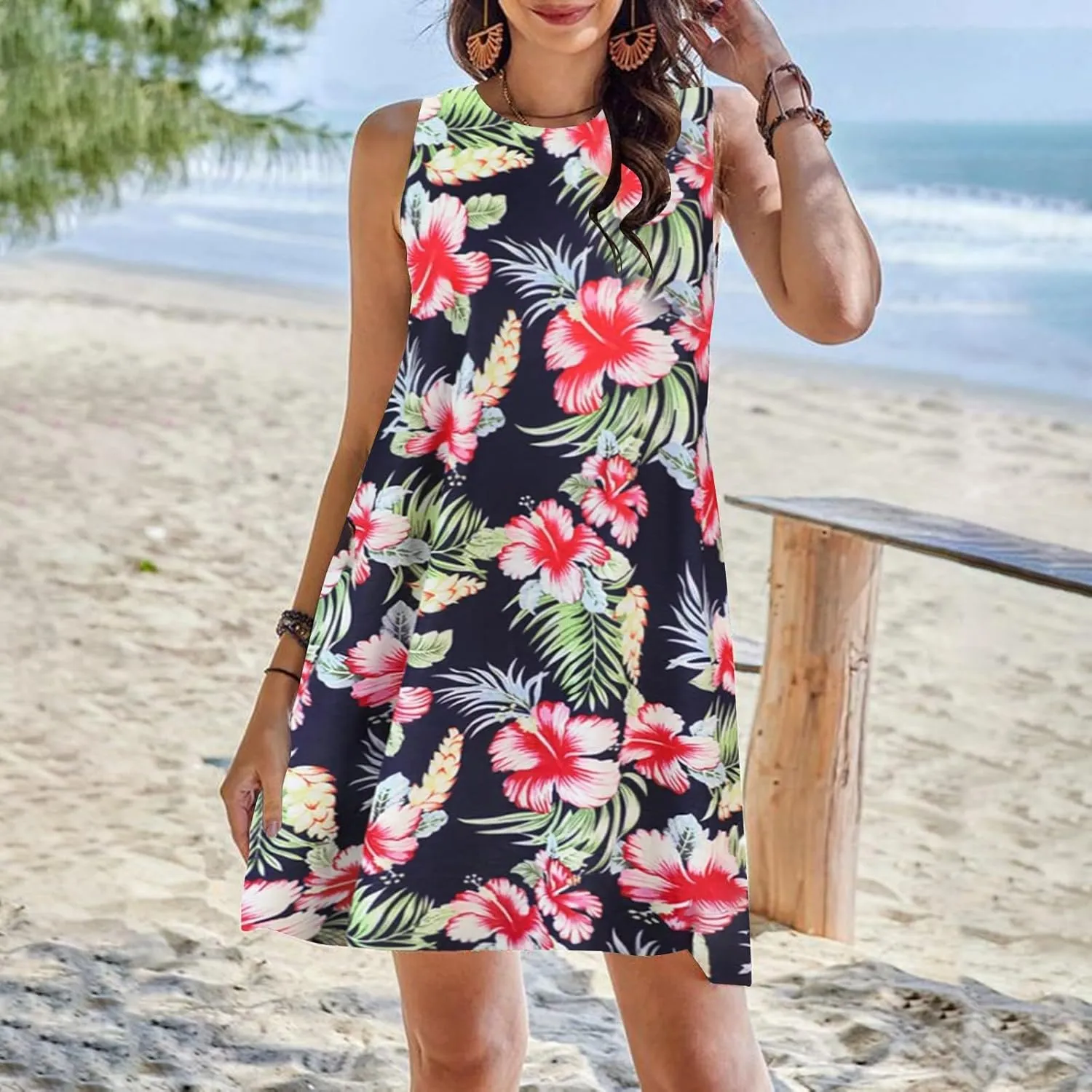 Boho Dresses for Women 2024 Summer Midi Dress Casual Spring Floral Print Tank Sleeveless Flowy Short Beach Sun Dress