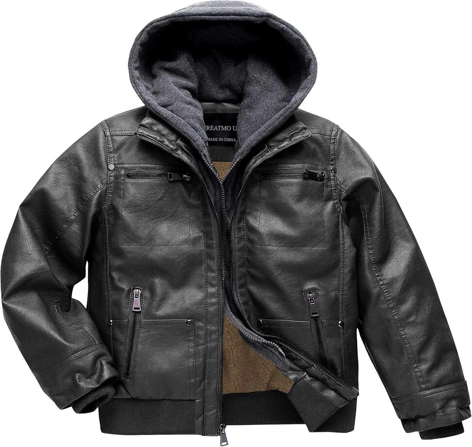 Boy's Faux Leather Jacket Windproof Warm Winter Coat Kids Bomber Outerwear Waterproof PU Motorcycle Jacket