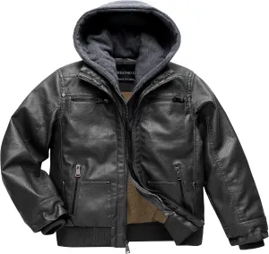 Boy's Faux Leather Jacket Windproof Warm Winter Coat Kids Bomber Outerwear Waterproof PU Motorcycle Jacket