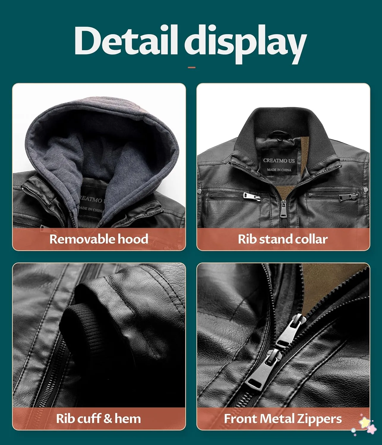 Boy's Faux Leather Jacket Windproof Warm Winter Coat Kids Bomber Outerwear Waterproof PU Motorcycle Jacket