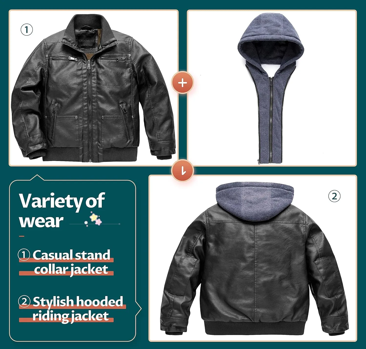 Boy's Faux Leather Jacket Windproof Warm Winter Coat Kids Bomber Outerwear Waterproof PU Motorcycle Jacket