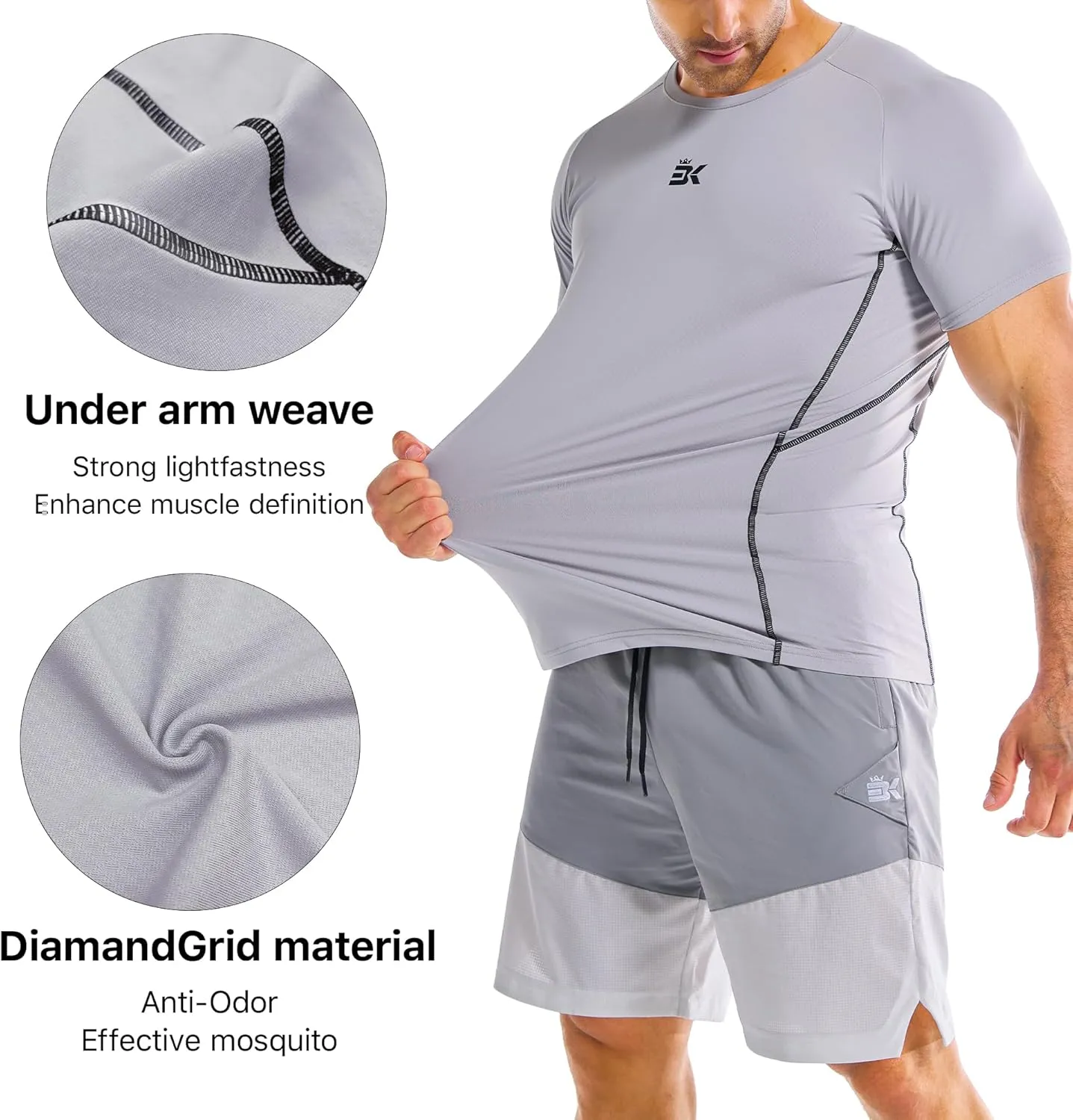 BROKIG Men's DiamondGrid Workout Gym Shirt-Breathable Short Sleeve Muscle Tee,Quick Dry Crewneck Top for Bodybuilding