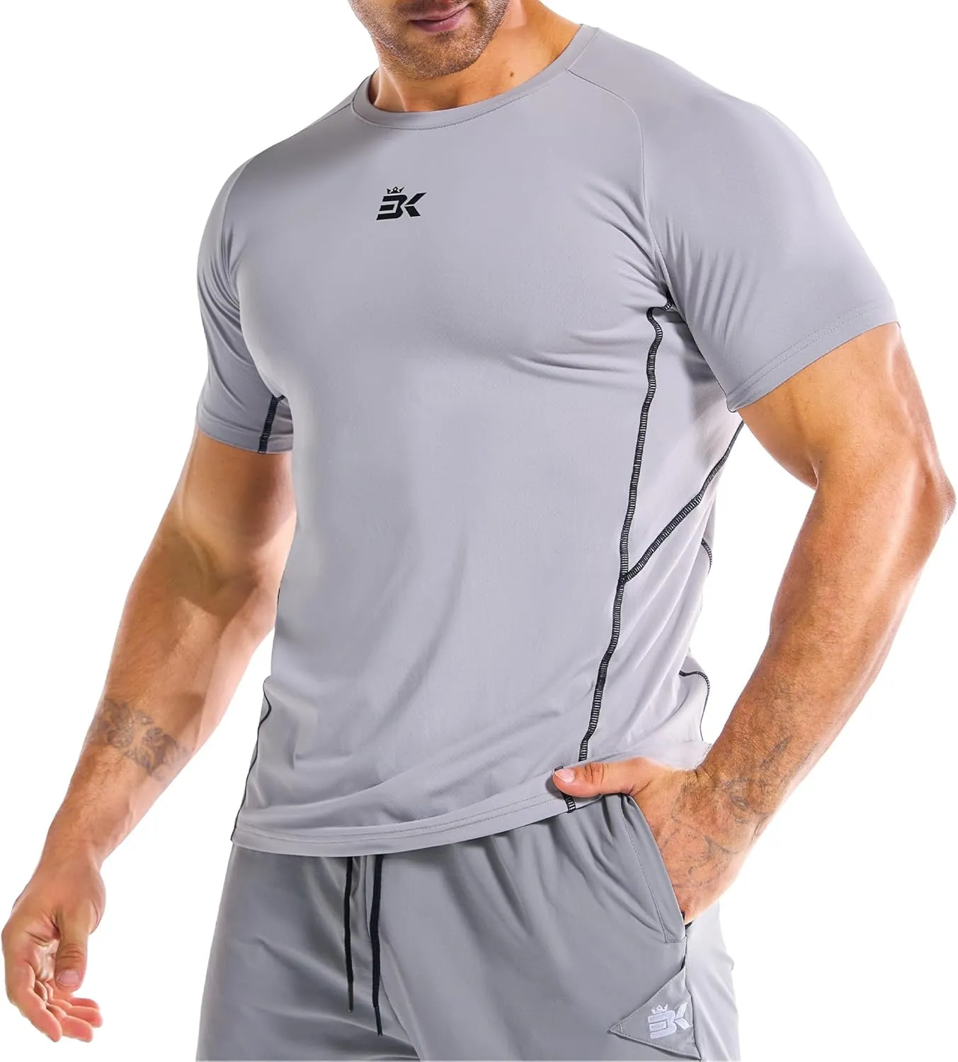 BROKIG Men's DiamondGrid Workout Gym Shirt-Breathable Short Sleeve Muscle Tee,Quick Dry Crewneck Top for Bodybuilding