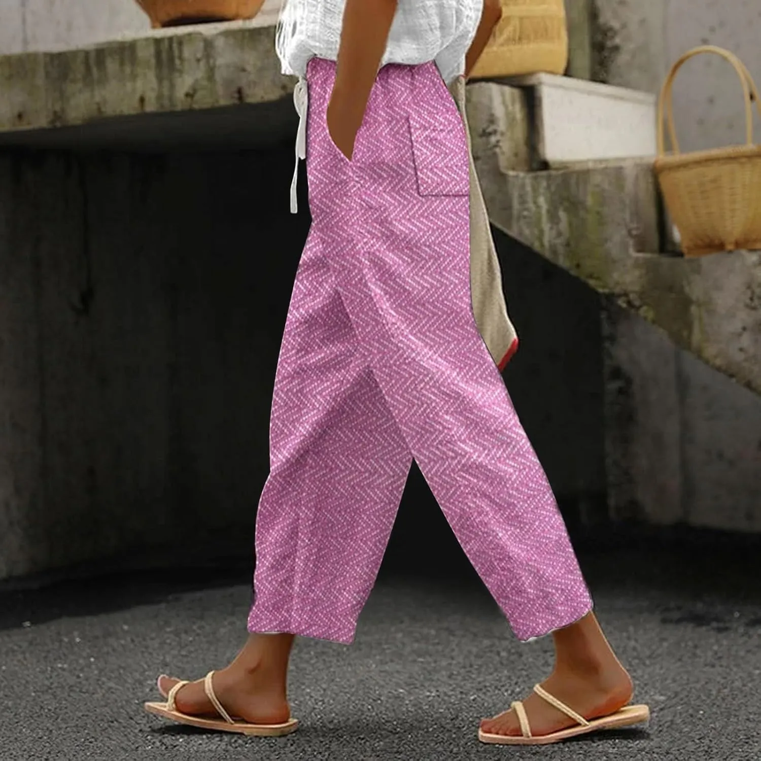 Capri Pants for Women 2025 Elastic Waist Linen with Pockets Cropped Wide-Leg Trousers Casual Beach Summer