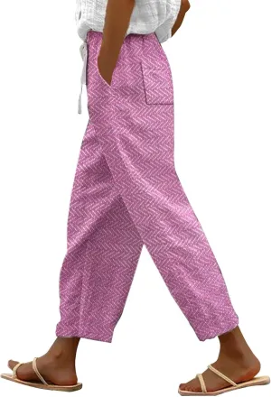 Capri Pants for Women 2025 Elastic Waist Linen with Pockets Cropped Wide-Leg Trousers Casual Beach Summer