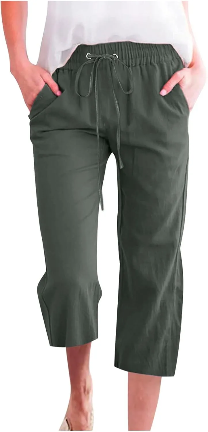 Capri Pants for Women Casual Summer 2025 Linen Capris Drawstring High Waist Wide Leg Cropped Trouser
