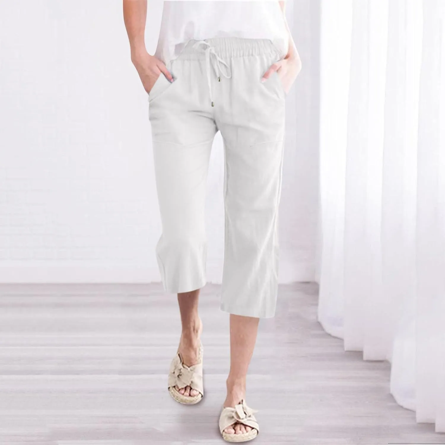 Capri Pants for Women Casual Summer 2025 Linen Capris Drawstring High Waist Wide Leg Cropped Trouser