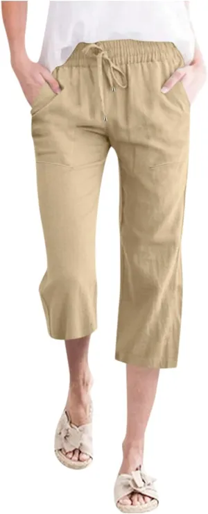 Capri Pants for Women Casual Summer 2025 Linen Capris Drawstring High Waist Wide Leg Cropped Trouser