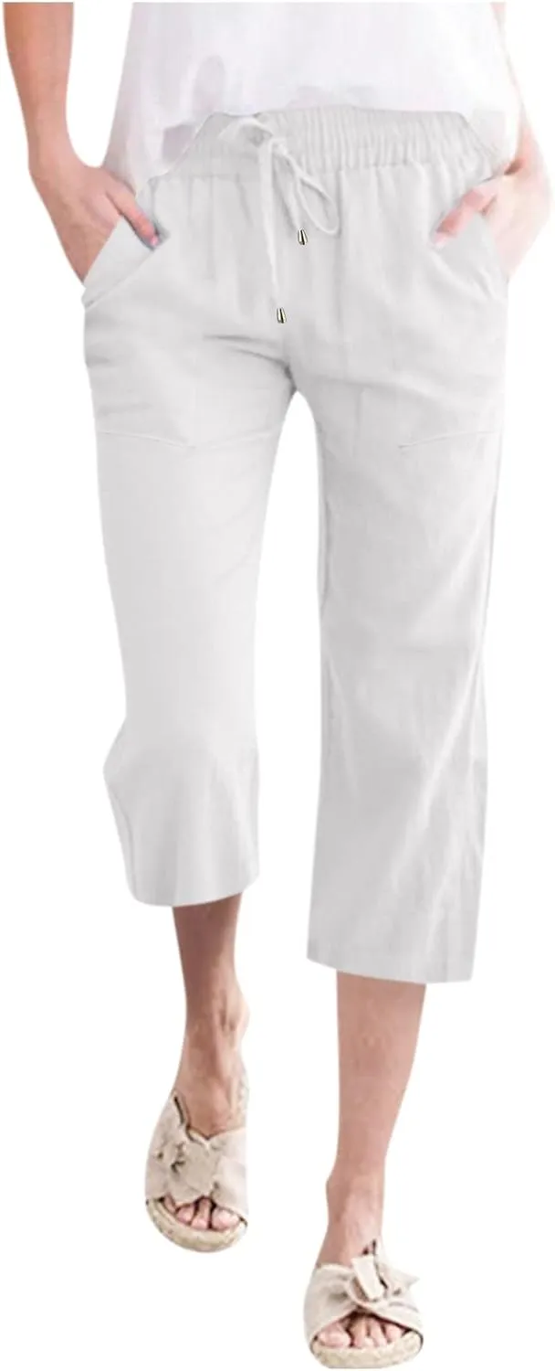 Capri Pants for Women Casual Summer 2025 Linen Capris Drawstring High Waist Wide Leg Cropped Trouser