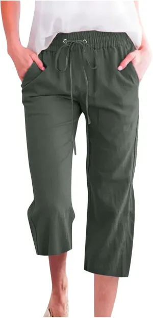 Capri Pants for Women Casual Summer 2025 Linen Capris Drawstring High Waist Wide Leg Cropped Trouser