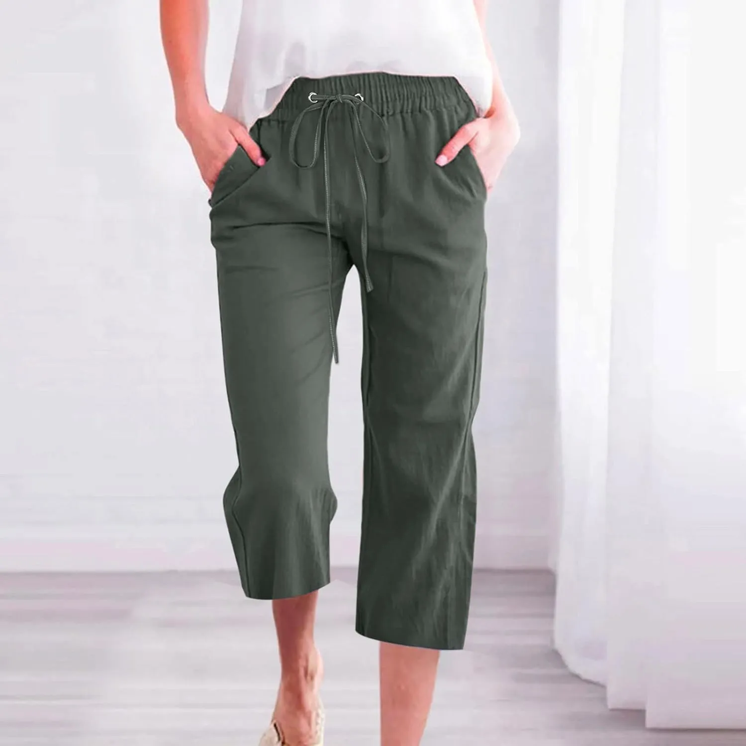 Capri Pants for Women Casual Summer 2025 Linen Capris Drawstring High Waist Wide Leg Cropped Trouser