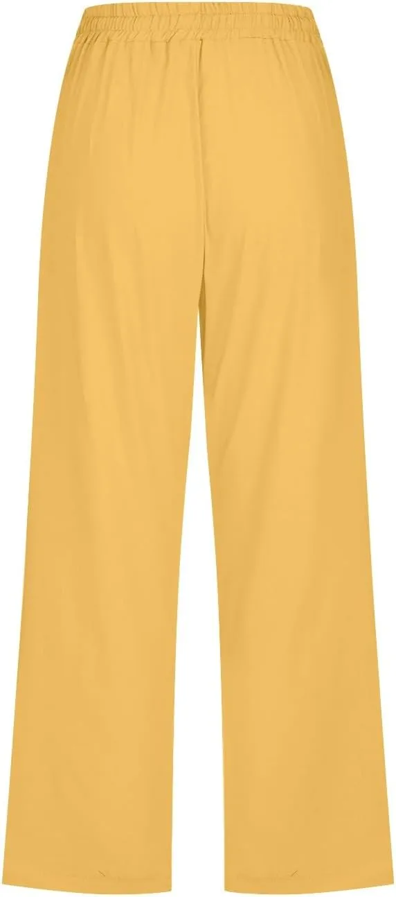 Capri Pants for Women Casual Summer Linen Capris Drawstring Elastic Waist Wide Leg Cropped Trousers