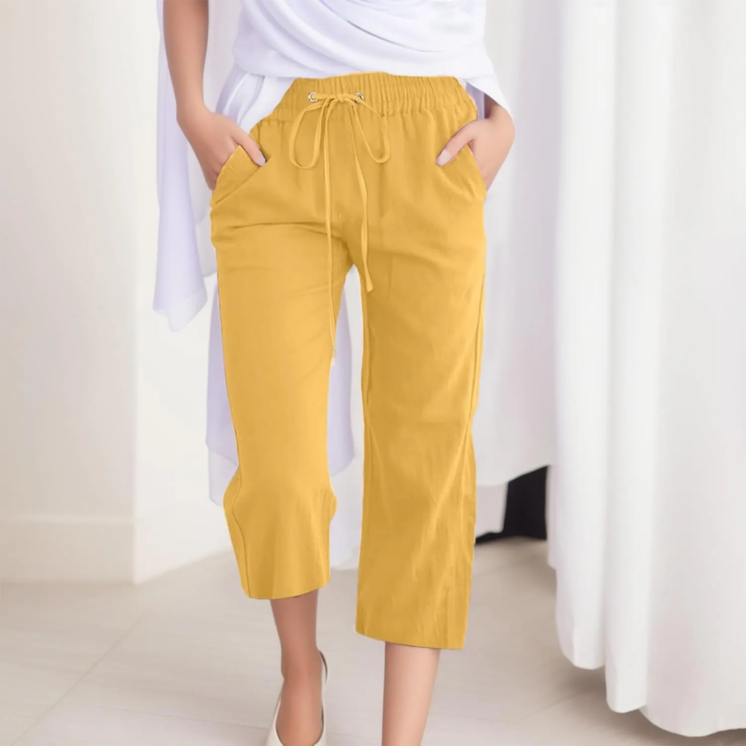 Capri Pants for Women Casual Summer Linen Capris Drawstring Elastic Waist Wide Leg Cropped Trousers